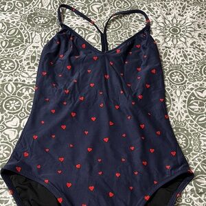 JCrew one-piece — Navy Blue Swimsuit with Red Heart Pattern